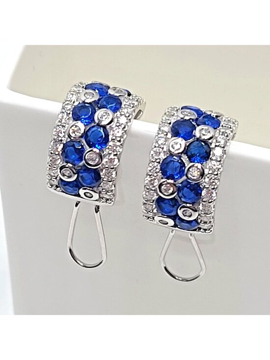 Estate Jewelry - Sterling Silver Blue & Clear stone Huggie Hoop Earrings S 925 Pierced 7.55g